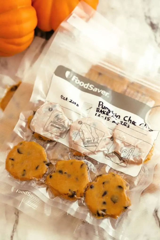 Foodsaver bag filled with cookie dough ready to freeze