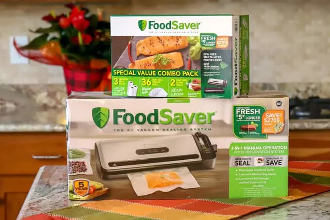 Newell foodsaver products in a stack on the countertop with flower in background