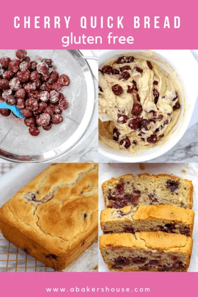 Four photos showing steps of baking cherry quick bread