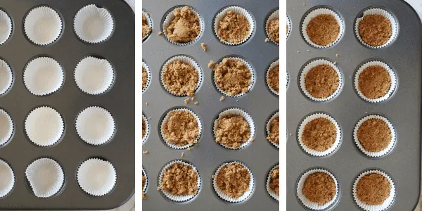 Three photos of steps to fill mini muffin tins with graham cracker crust