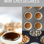 Pin with collage of photos showing how to make no bake cheesecake bites