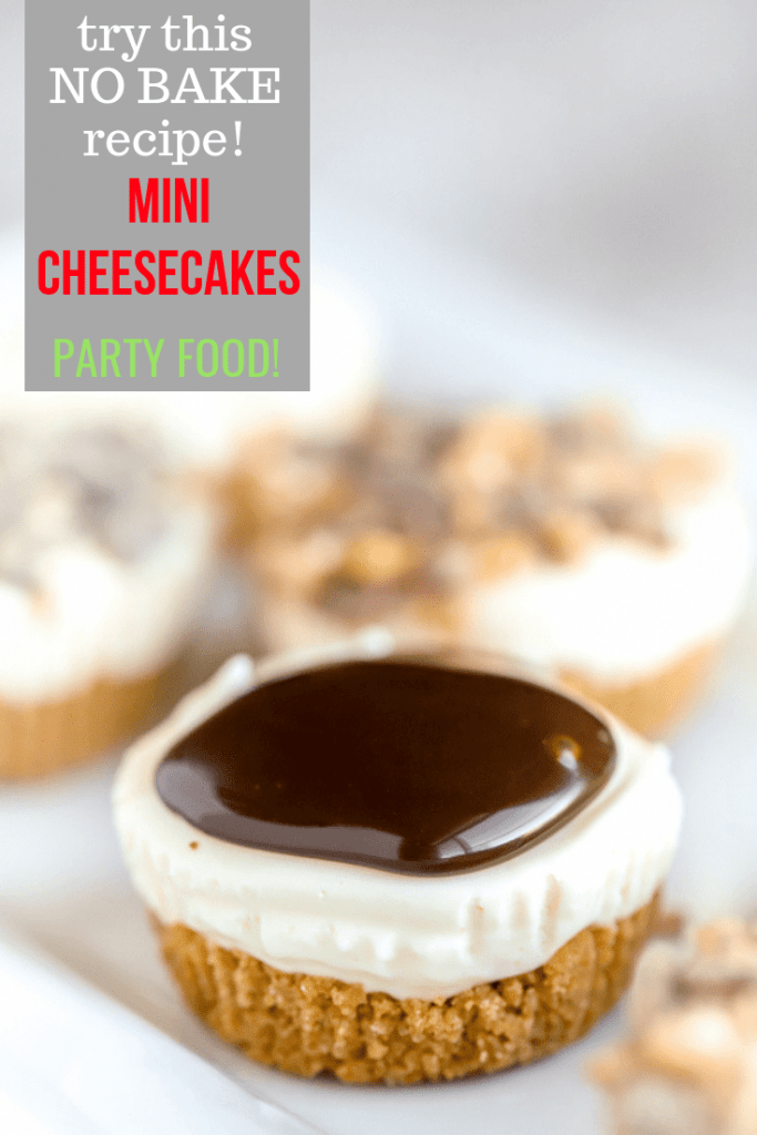Pinterest image of one no bake cheesecake bite from mini muffin tin with chocolate sauce on top
