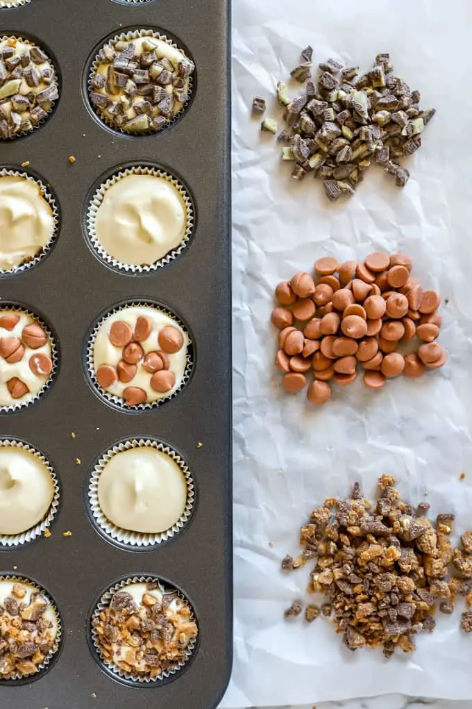 Three topping choices for no bake mini cheesecake bites