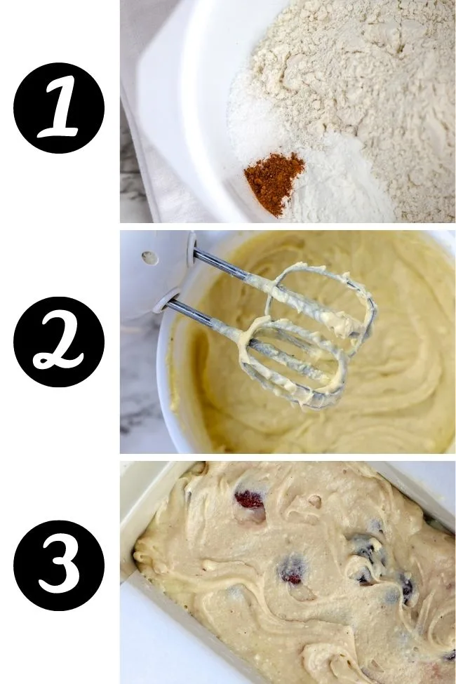 three photos showing steps to make cherry bread with dry, wet, and combined ingredients