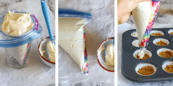 Three photos showing Ziploc back icing trick with cheesecake filling