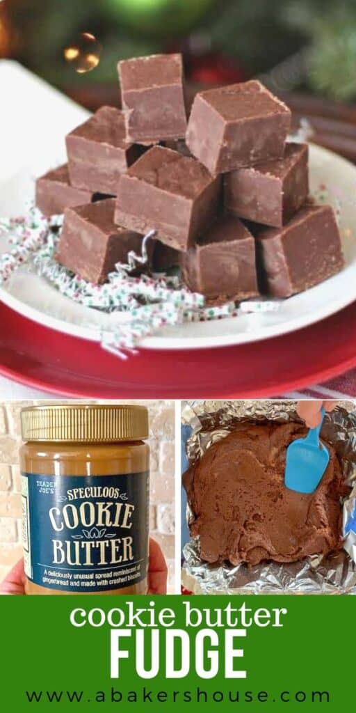 Three photo collage of cookie butter fudge and ingredients