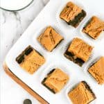 Green border around image of cut squares of chocolate peanut butter fudge