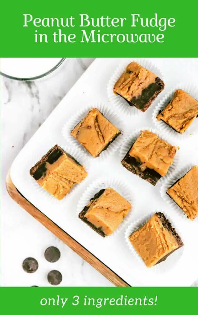 Green border around image of cut squares of chocolate peanut butter fudge