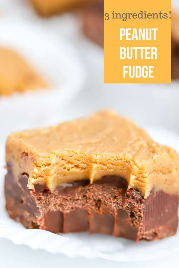 Pinterest image of chocolate peanut butter fudge with one bite missing
