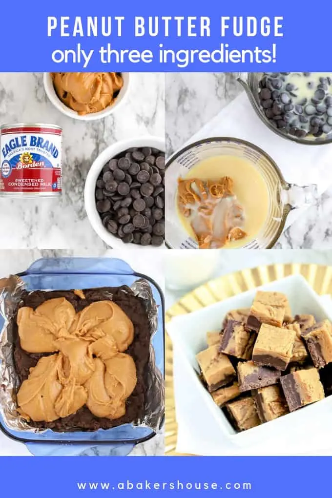Collage of photos for steps to make fudge on Pinterest image