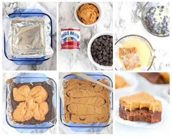 Collage of six steps to make microwave chocolate peanut butter fudge