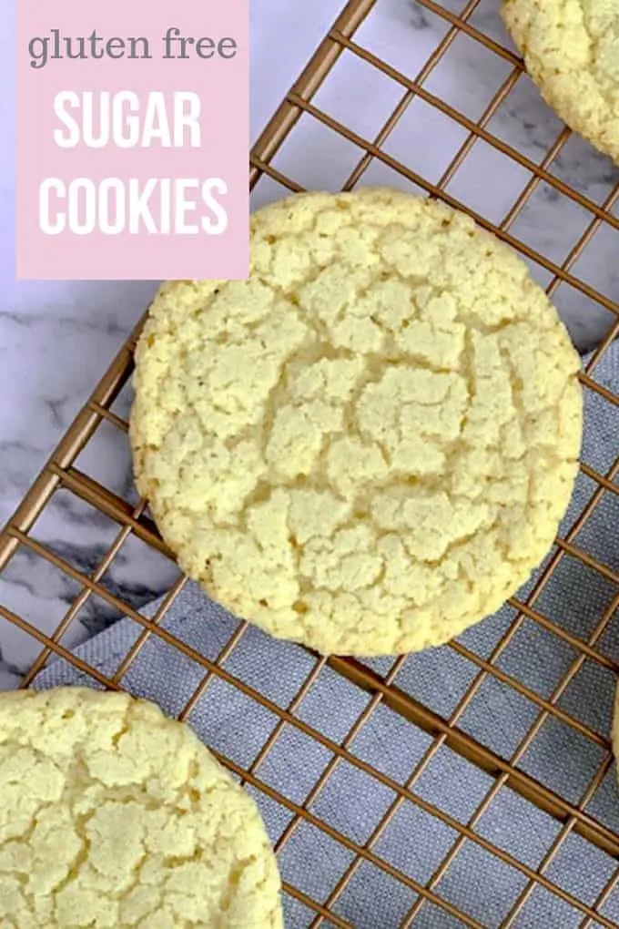 Pinterest photo of gluten free sugar cookies on gold cooling rack