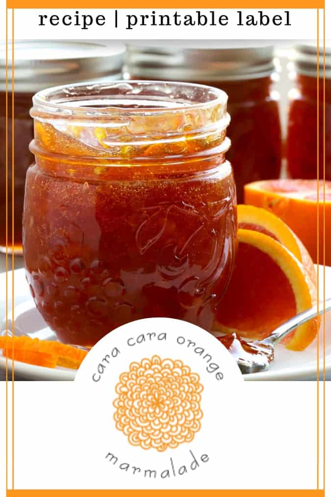 Pinterest image of cara cara orange marmalade and free printable label
