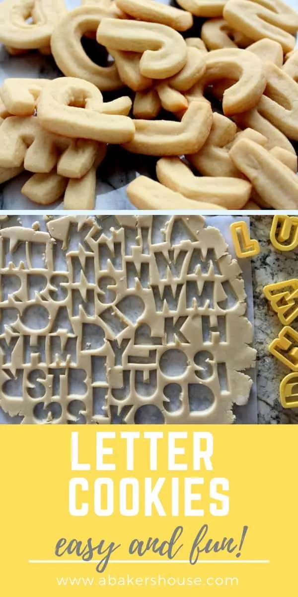 Two images of cookie dough and baked cookies for letter alphabet cookies homemade