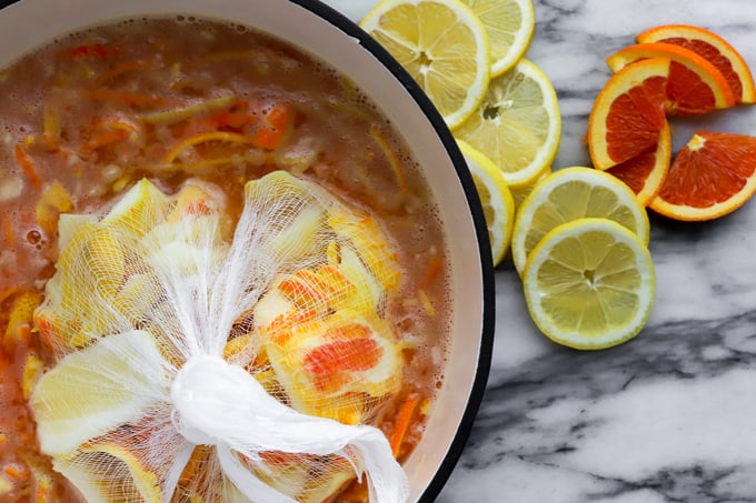 Orange and lemon mixture that sits overnight for making marmalade