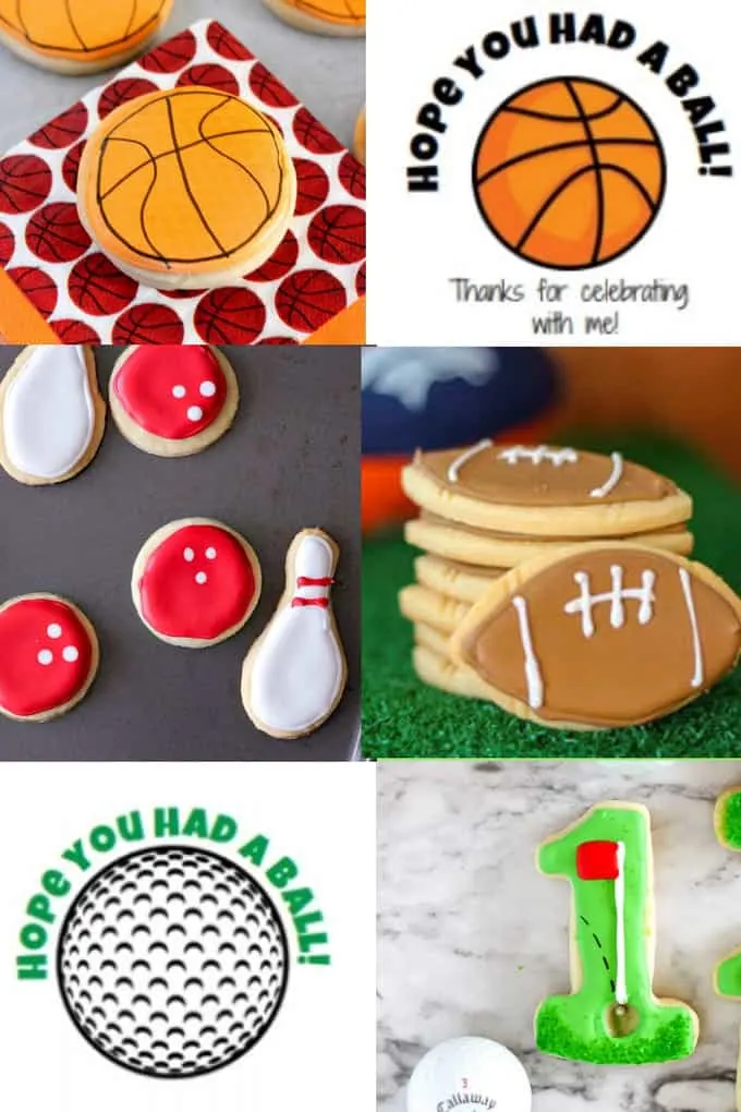 Collage images of sports cookies and sports party favor labels