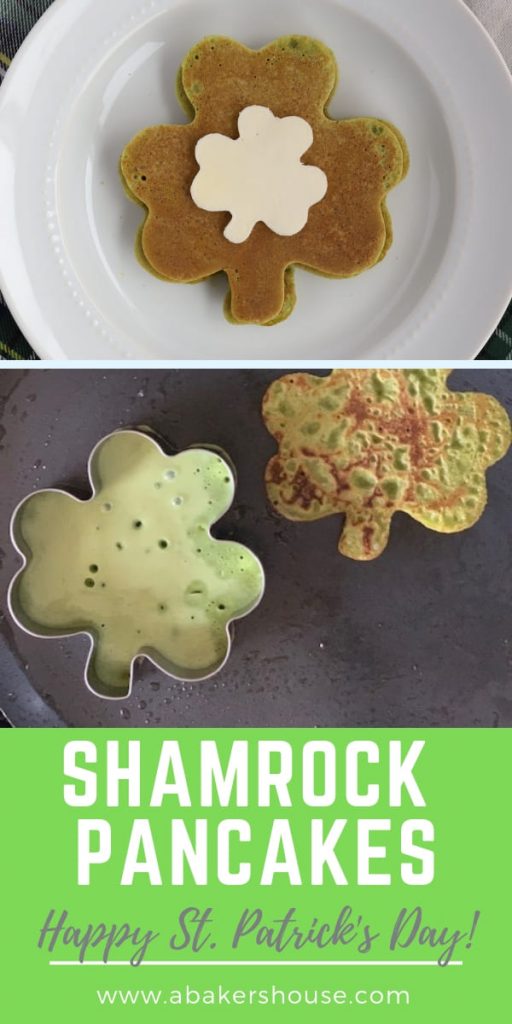 Pinterest image with two photos for shamrock pancakes