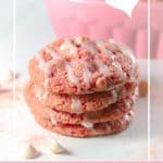 Pinterest image for stack of pink strawberry cookies for Valentines treat