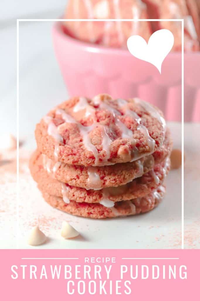 Pinterest image for stack of pink strawberry cookies for Valentines treat