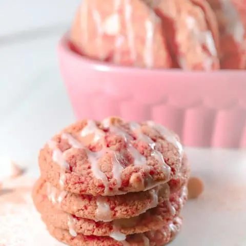 Stack of strawberry pink cookies for Valentines day