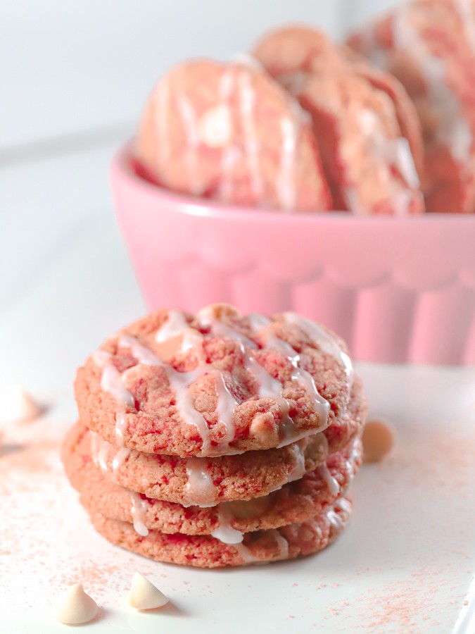 Stack of four strawberry pink cookies for Valentines day