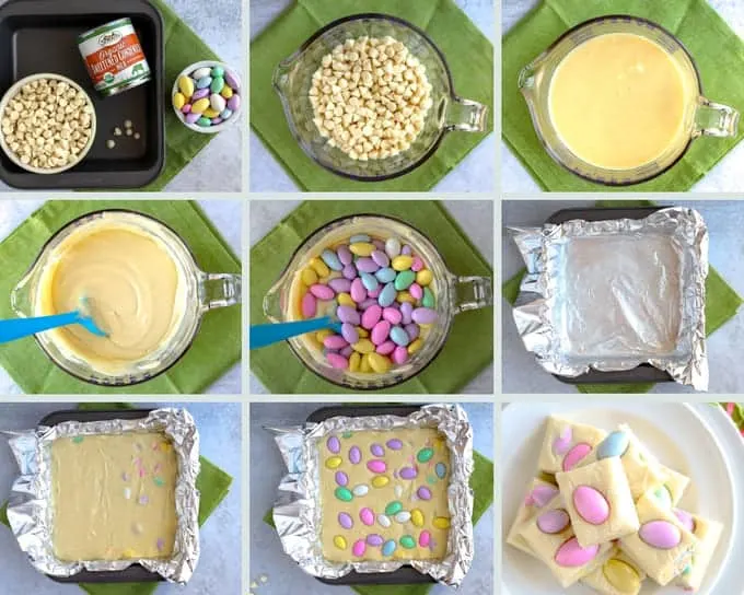 Step by step photo collage of how to make Easter fudge in nine photos