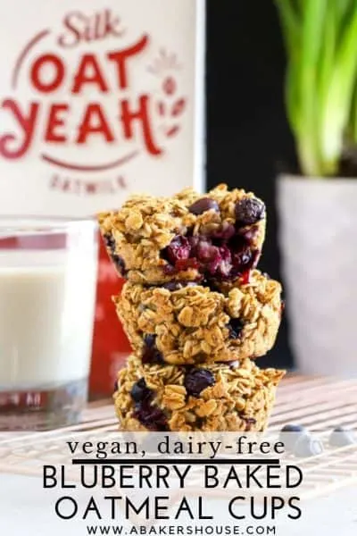 Stack of three blueberry oatmeal baked cups for breakfast with Silk Oat Yeah Oatmilk