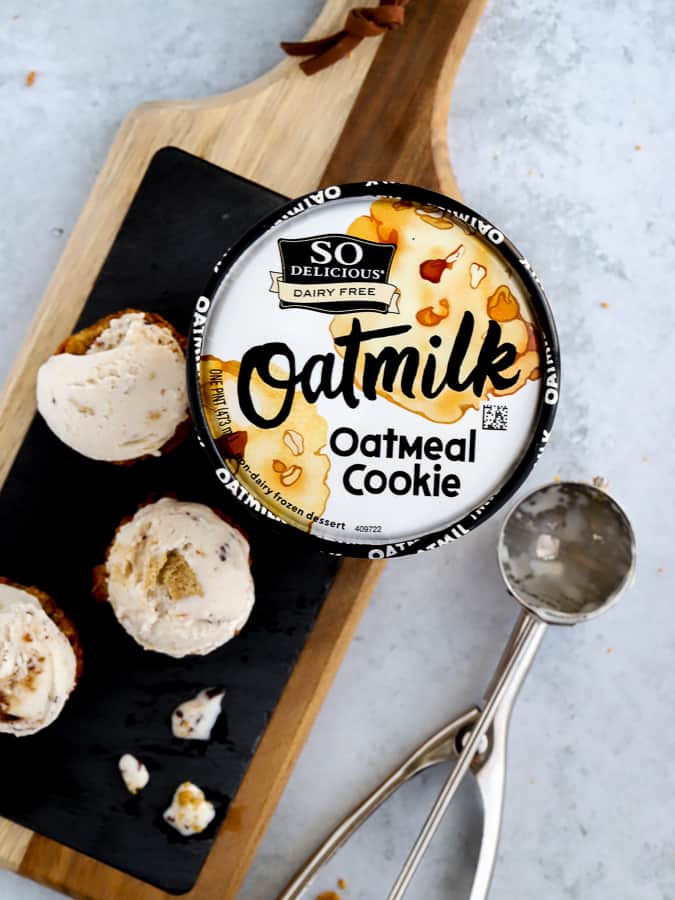 So Delicious Oatmilk Oatmeal Cookie scoops on a slate board