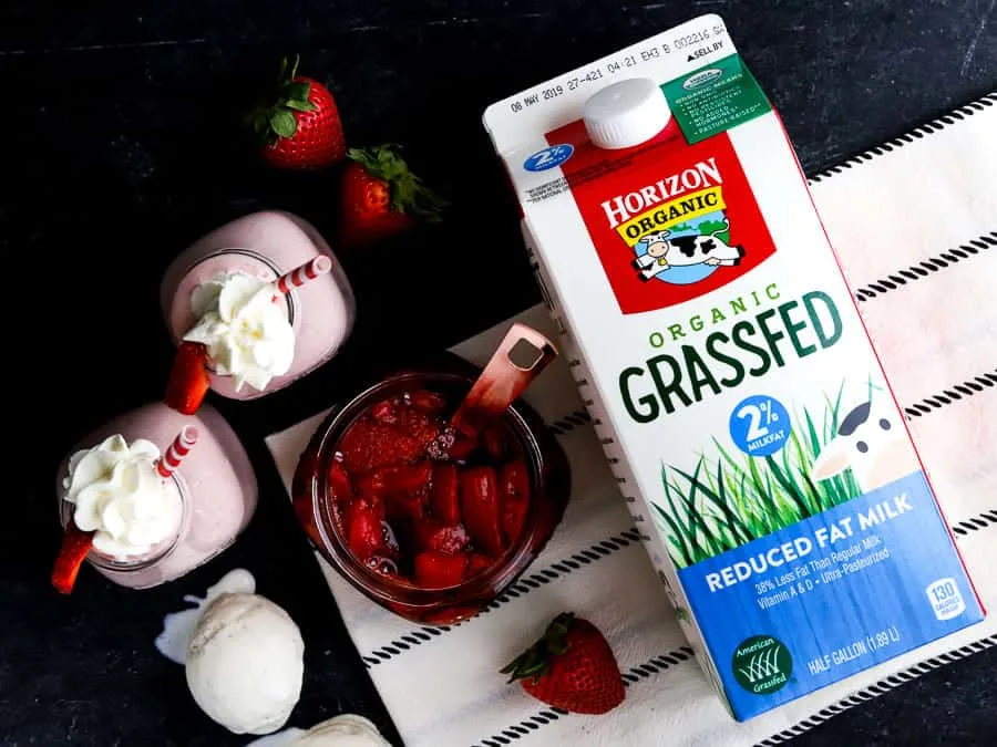 overhead photo of roasted strawberries, milkshakes and milk from Horizon Organic