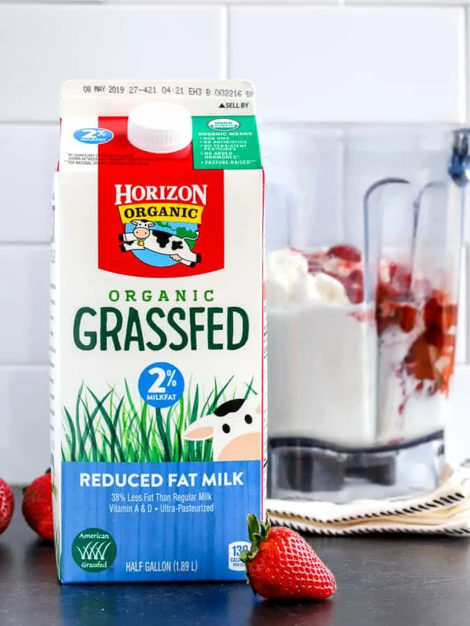 Horizon Organic Grassfed milk with ingredients for a roasted strawberry milkshake