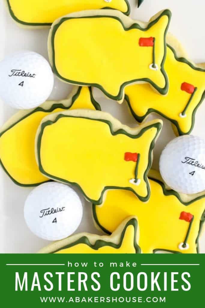 Pinterest image with pile of yellow and green golf Masters cookies