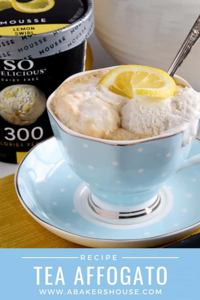 Pinterest image for tea affogato in blue and white tea cup with lemon slice