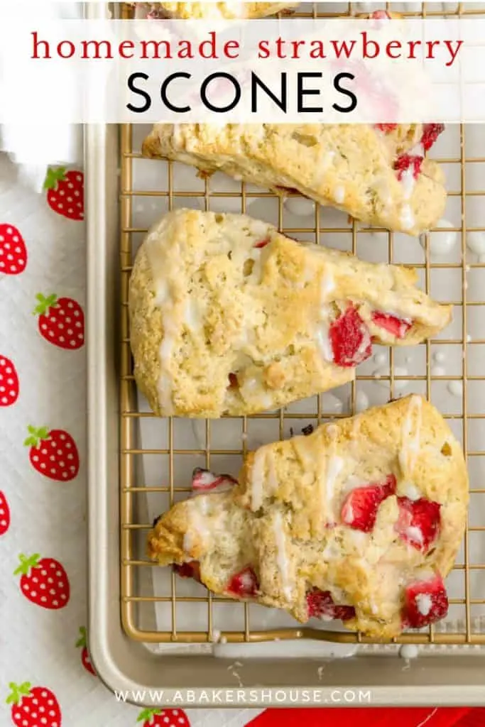 Overhead photo of three strawberry scones with glaze