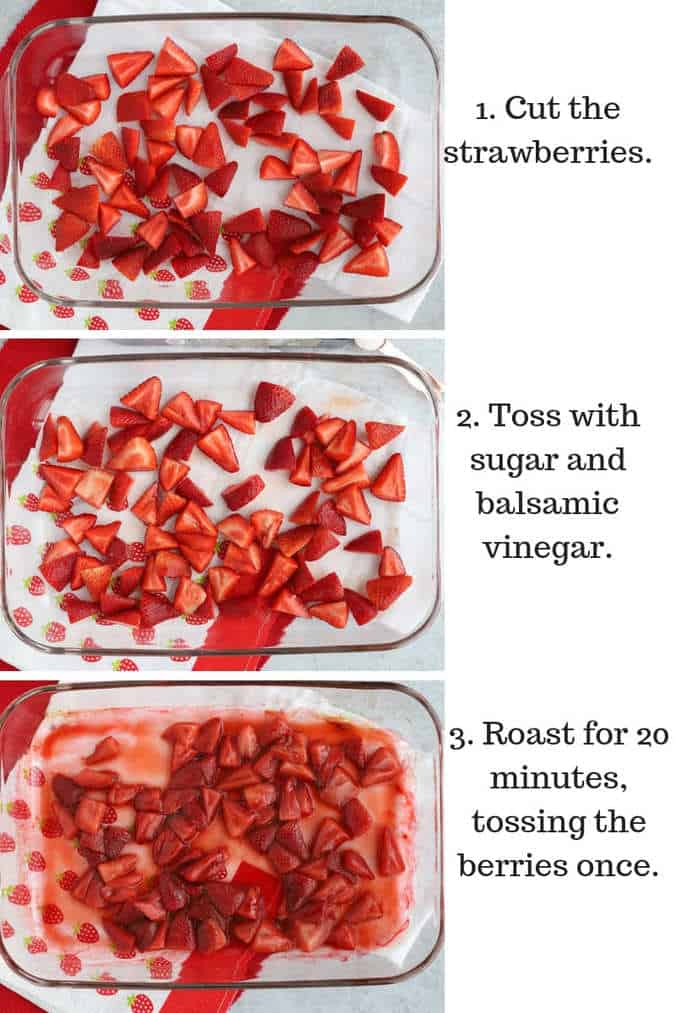 Three photos showing step by step how to roast strawberries
