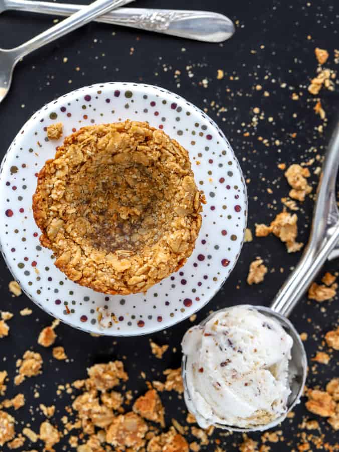 Baked oatmeal cookie cup with a scoop of so delicious frozen dessert