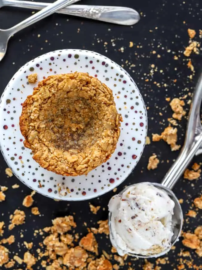 Baked oatmeal cookie cup with a scoop of so delicious frozen dessert