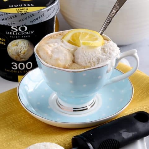 Vegan Tea Affogato with So Delicious Frozen Dessert in a blue tea cup