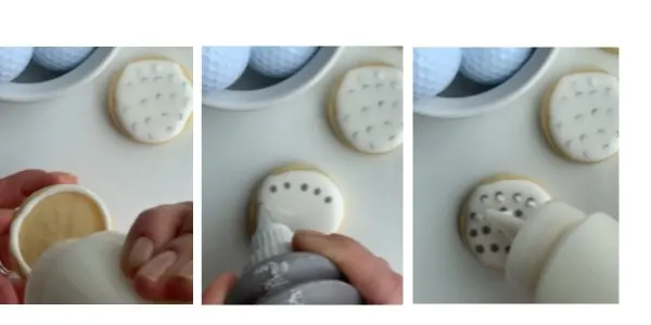 Three photos showing step by step to decorate golf ball cookies with royal icing
