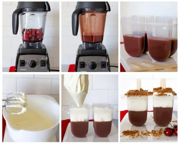 Six photos showing step by step of how to make cherry cheesecake popsicles