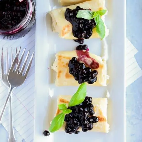 Overhead photo of blueberry blintz gluten free