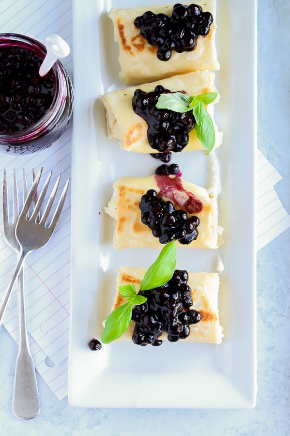 Overhead photo of blueberry blintz gluten free