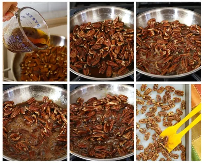 Six step by step photos to make candied pecans with maple syrup