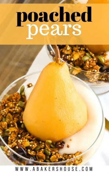 Pinterest image for poached pears with yogurt and granola