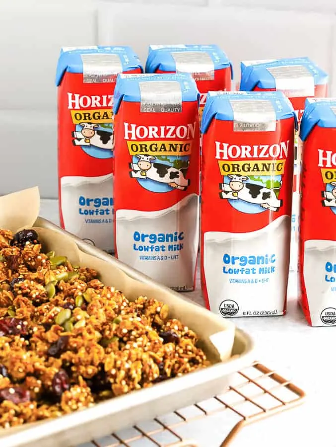 Pumpkin Granola on baking tray with Horizon Organic Milk Boxes