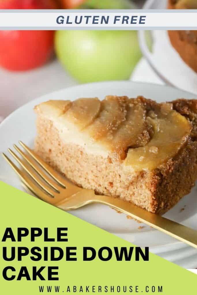Slice of caramel apple spice cake upside down cake on white plate with golf fork