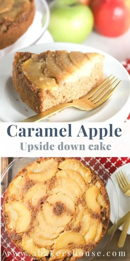 two images of slice of cake and whole upside down cake with apples