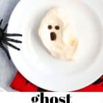 Pinterest image of one ghost meringue cookie on white plate