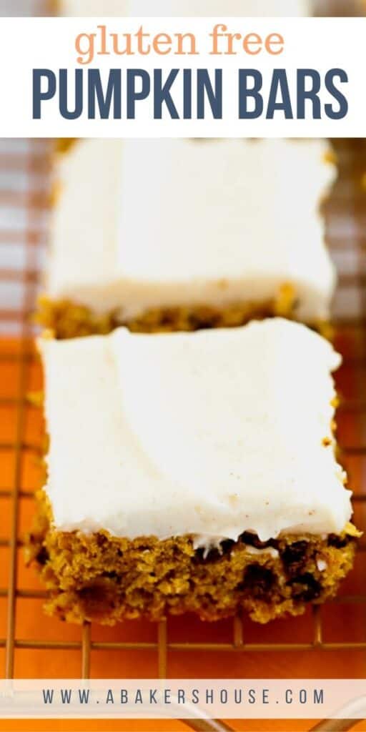 Pinterest image of close up pumpkin square with cream cheese frosting