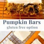 Pinterest two images for pumpkin bars gluten free option