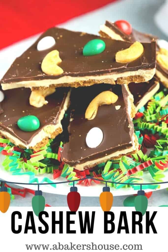 Pinterest image of a stack of cashew chocolate bark on white plate